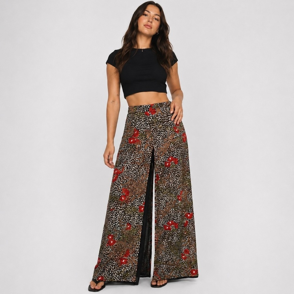 Vintage Leopard Print Floral Chiffon Palazzo Pant Womens 4 Flowy Boho Layered